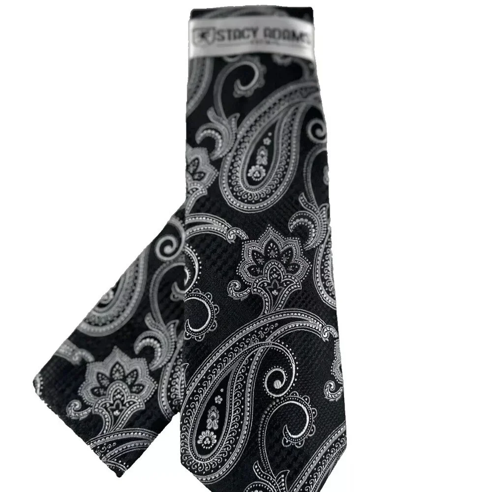 Stacy Adams Men's Tie & Hanky Set Black Silver Charcoal Grey Paisley 3.25